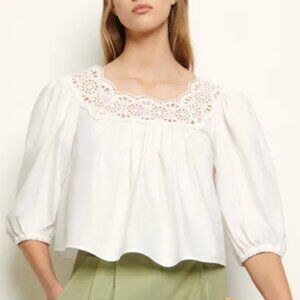 Sandro Lace Trim White Cotton Poplin Top